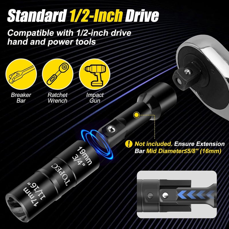 Topec 17mm x 19mm Flip Lug Nut Extractor, 1/2" Drive Lug Nut Removal Tool, 2-IN-1 Wheel Lock Remover Socket | Extension Bar Not Included - Image 3
